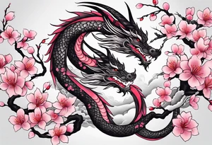 Delicate feminine simple dragon intertwined in cherry blossom, soft lines, soft dragon, pleasant dragon, beautiful cherry blossom tattoo idea