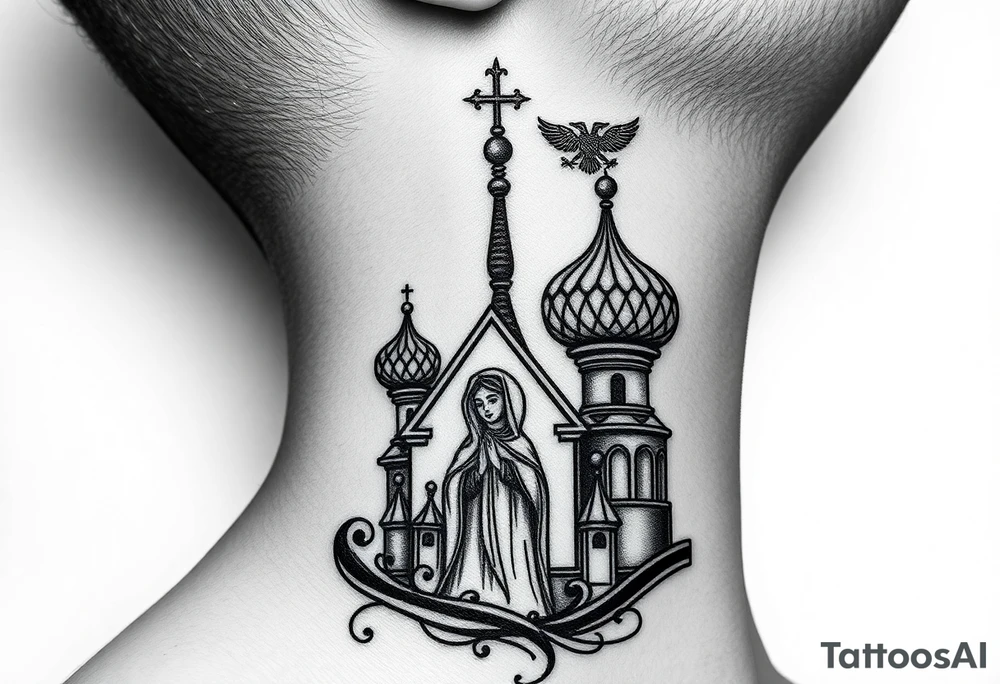 Flowing Scene

A onion domes orthodox church
Virgin Mary in prayer pose wrapping around the lower neck curve
A small double headed russian coat of arms eagle or just the star tucked above the dome near the hairline tattoo idea