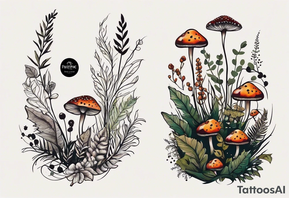 forest floor inspired minimalist tattoo, which includes grass, curly ferns, moss and dead leaves as the bulk of the tattoo. details to include: forest berries, a tiny bumblebee flying nearby, three small brown mushrooms
Generate a vertically long one tattoo idea