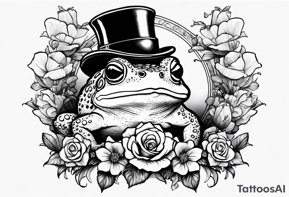Toad in a top hat holding flowers to go on a date tattoo idea