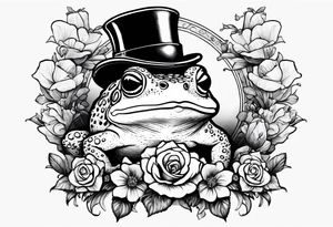 Toad in a top hat holding flowers to go on a date tattoo idea