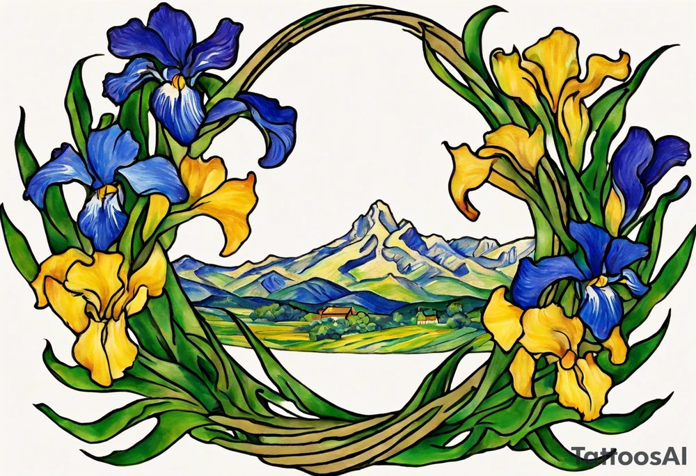 Create a small colorful Vincent van Gogh Irises tattoo in the form of a crescent, with vines or Celtic knots gracefully intertwining at a central point in the middle of the wreath.  In the middle of the wreath are mountains and other items found in New Mexico. Ensure that the design avoids the appearance of a bush and maintains a more structured and deliberate arrangement. The intended placement is on the upper chest. The overall design should be small in size while maintaining a delicate and artistic aesthetic. Pay attention to the graceful flow of the vines and the placement of the irises to achieve a refined and elegant look. tattoo idea
