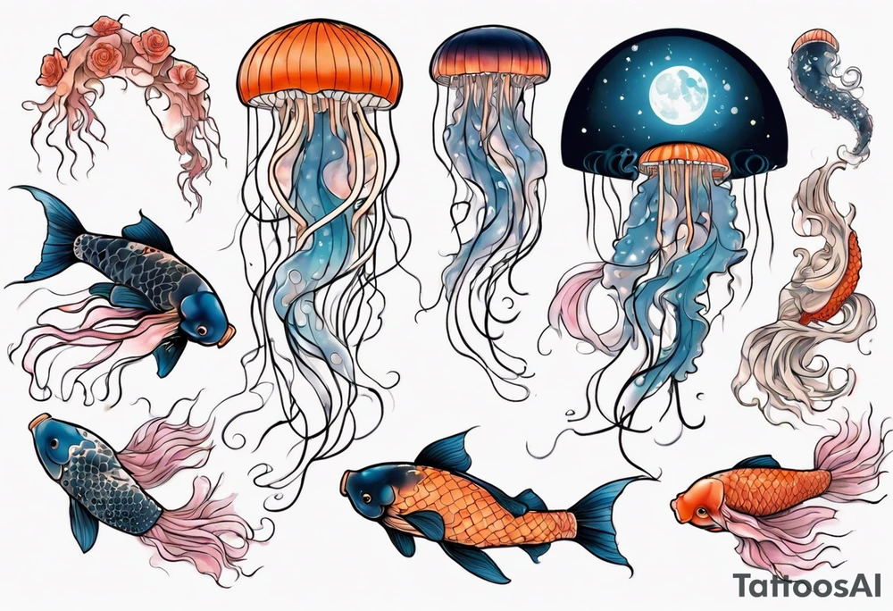1 jellyfish with the moon in the lid. Then with mini koi carp and jellyfish swimming amongst the tentacles tattoo idea