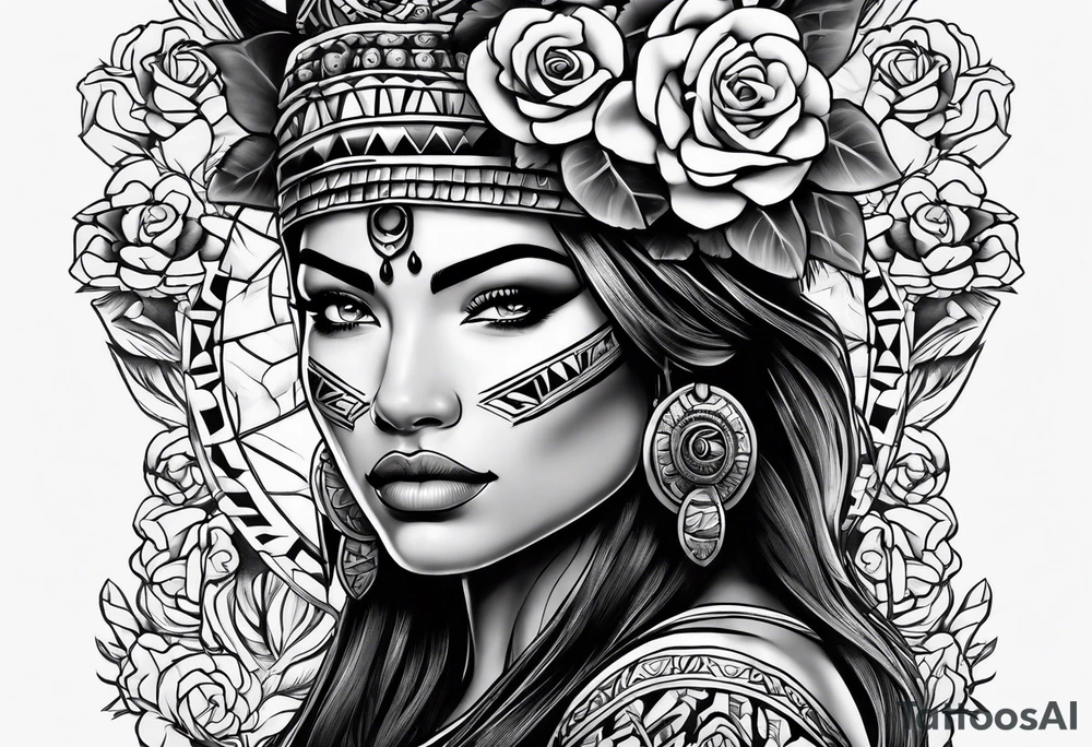 Aztec woman wrapped in roses with a wolf tattoo idea
