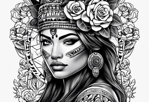 Aztec woman wrapped in roses with a wolf tattoo idea