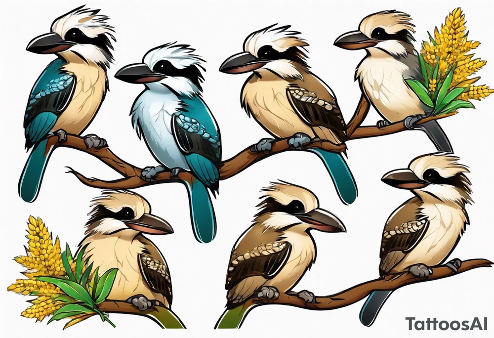 Small kookaburra holding wattle leaves tattoo idea