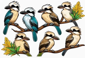 Small kookaburra holding wattle leaves tattoo idea