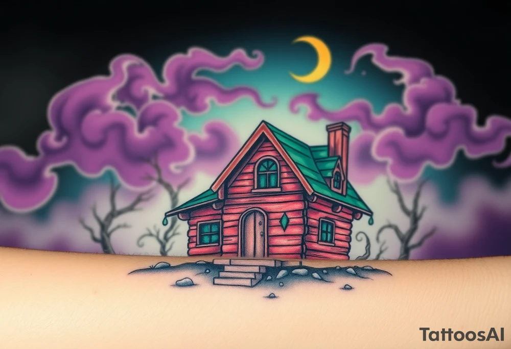 Tim Burton’s haunted pastel wood cabin home is abandoned and dripping with muted reds, dusty pinks, and eerie green glow.purple and cyan smokey clouds swirl in the crescent moonlit sky thats sprinkled with stars tattoo idea tattoo idea