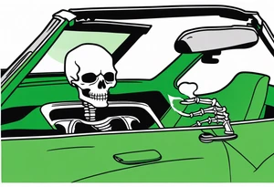 Skeleton smoking a cigarette driving a green 1976 convertible Corvette tattoo idea