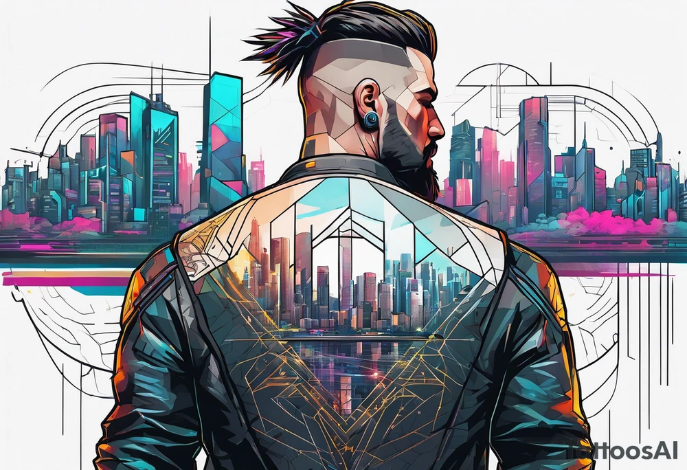 cyberpunk 2077, hand tattoo, geometric, subtle, men, city skyline tattoo idea