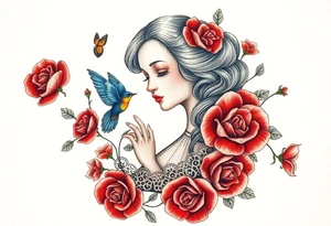 Vintage dollies, red roses, lace, red bird, vintage, wrap around, no women tattoo idea