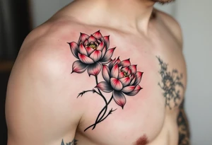 two lotus flowers intertwined (red and black) tattoo idea