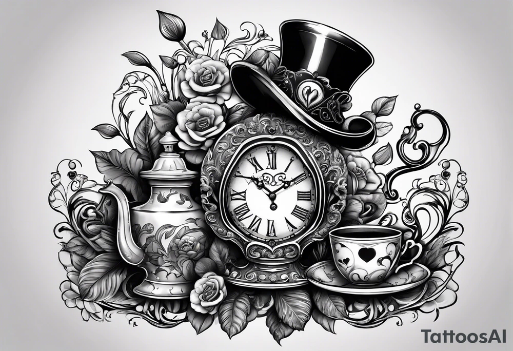 Clock, spade, heart, mushroom, key, doorknob, chesire cat, top hat, tea set tattoo idea