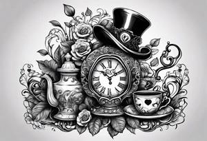 Clock, spade, heart, mushroom, key, doorknob, chesire cat, top hat, tea set tattoo idea