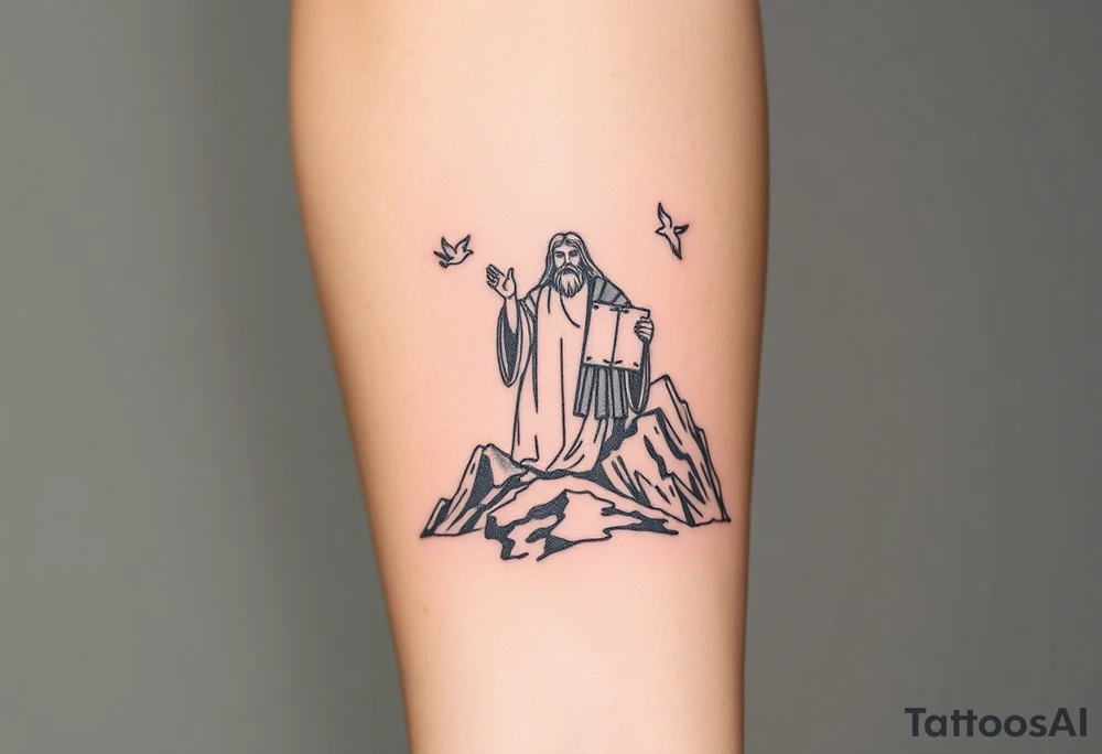 Moses holding the Ten Commandments with doves flying nearby on mountain Sinai tattoo idea