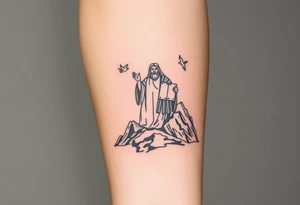 Moses holding the Ten Commandments with doves flying nearby on mountain Sinai tattoo idea