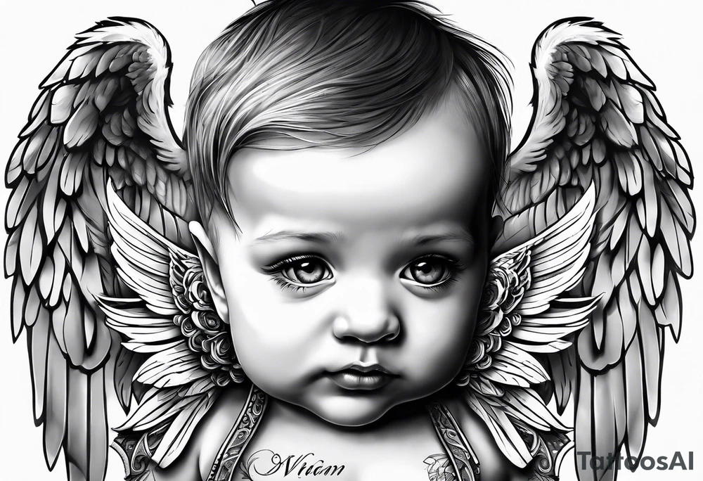 Tattooed baby with angel wings. Sided view so that we see only one wing. Name Leah written under in gothic letters. tattoo idea