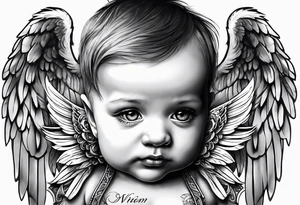 Tattooed baby with angel wings. Sided view so that we see only one wing. Name Leah written under in gothic letters. tattoo idea