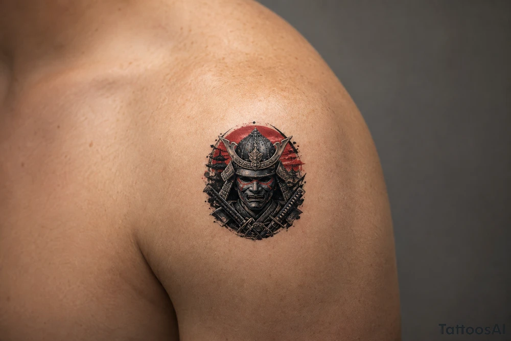 A samurai warrior wear a mask, Pop black & grey style tattoo idea