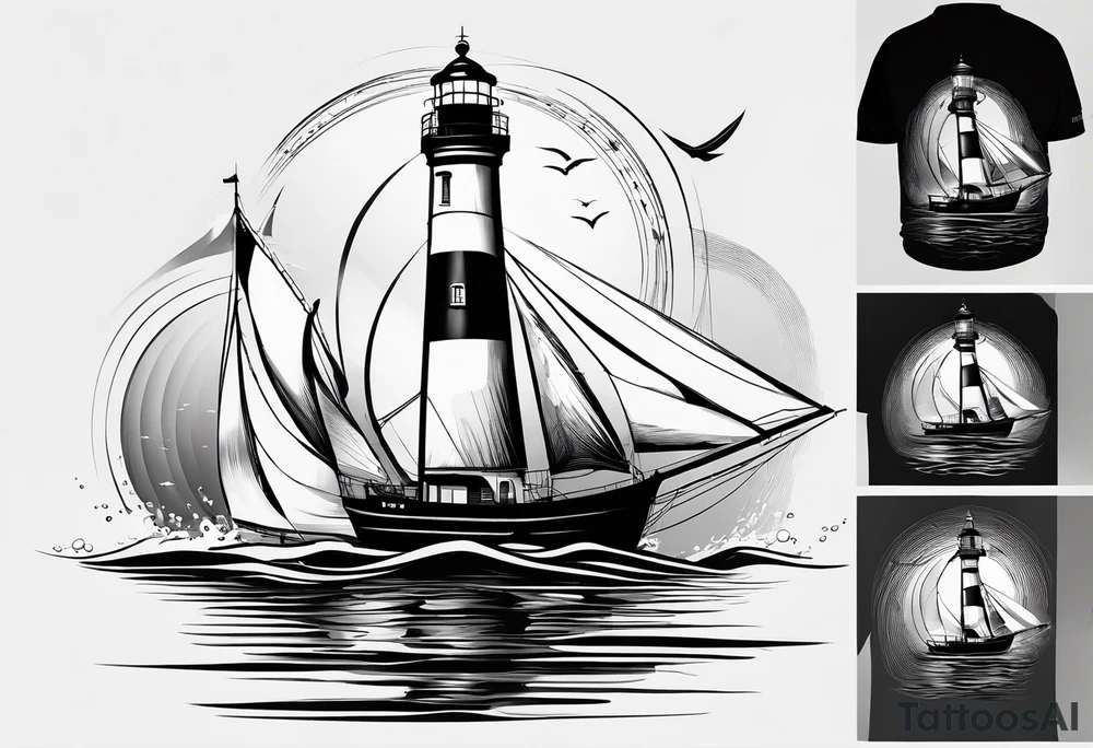 phare maritime dans un bateau a voiles vu du devant. tattoo idea