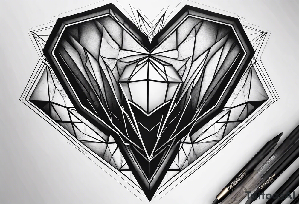 black hexagon heart realistic tattoo idea