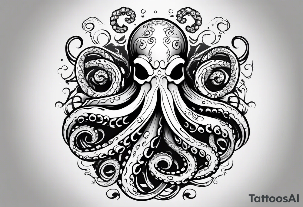 Tribal half sleeve. octopus surrounded by ribbons of water waves filled with fish. the octopus has no eyes. Use thick lines only with less detail. tattoo idea