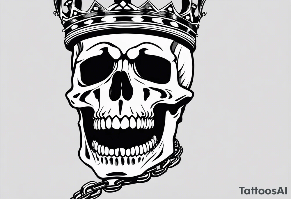 image of a skeleton standing frontally with a crown on his head, holding an AK-47 on his shoulder with his right hand. The chain on the left should be taut, there are three angry barking Dobermans in it, near the waist tattoo idea
