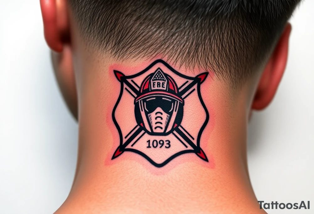 A bold red and black Maltese cross with a firefighter’s helmet in the center, representing bravery and duty tattoo idea