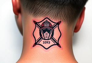 A bold red and black Maltese cross with a firefighter’s helmet in the center, representing bravery and duty tattoo idea