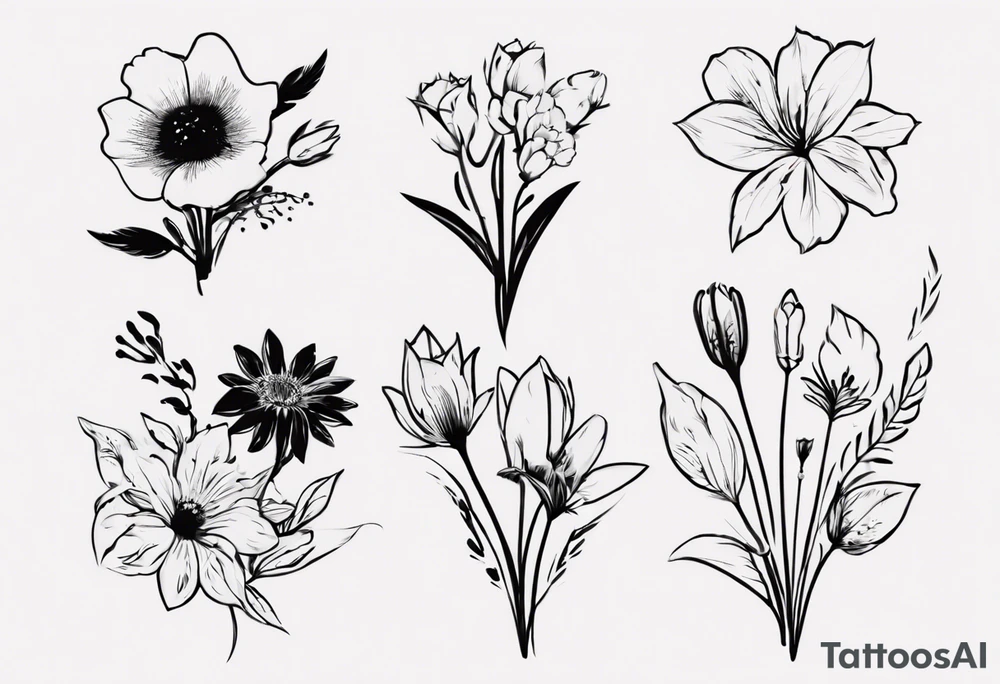 5 flower bouquet with 1 October flower, 1 may flower, 1 July flower, 1 January flower, and 1 September flower tattoo idea
