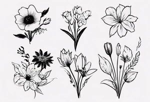 5 flower bouquet with 1 October flower, 1 may flower, 1 July flower, 1 January flower, and 1 September flower tattoo idea