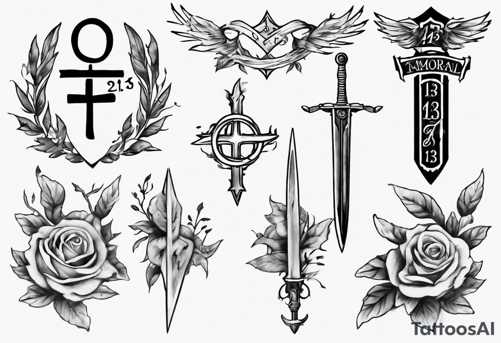 memorial tattoo using the number 13, a sword, a laurel leaf wreath, and amor fati tattoo idea