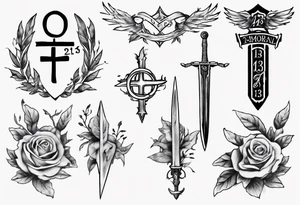memorial tattoo using the number 13, a sword, a laurel leaf wreath, and amor fati tattoo idea