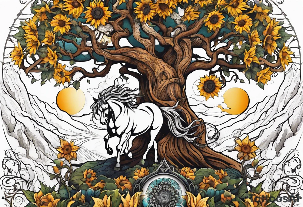 Yggdrasil tree, horse, sunflower tattoo idea