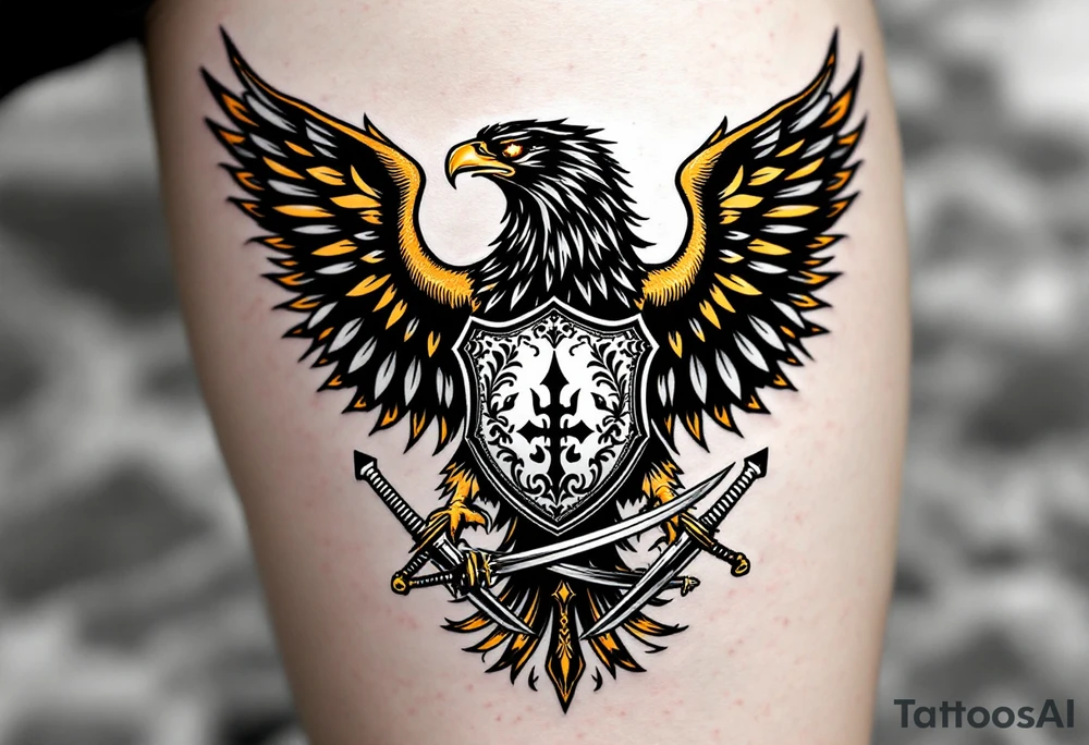 A fierce black eagle with golden grown clutching a silver shield with traditional Silesian patterns, crossed by two ornate medieval swords. The eagle’s eyes glow in deep amber, symbolizing vigilance and protection. tattoo idea
