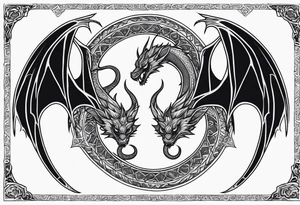 Mother dragon wings spread with 3 baby dragons tattoo idea