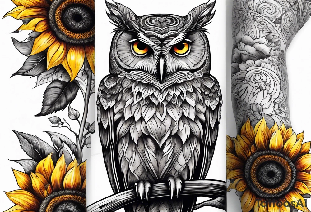 Leg sleeve with colorful sunflowers and an owl tattoo idea