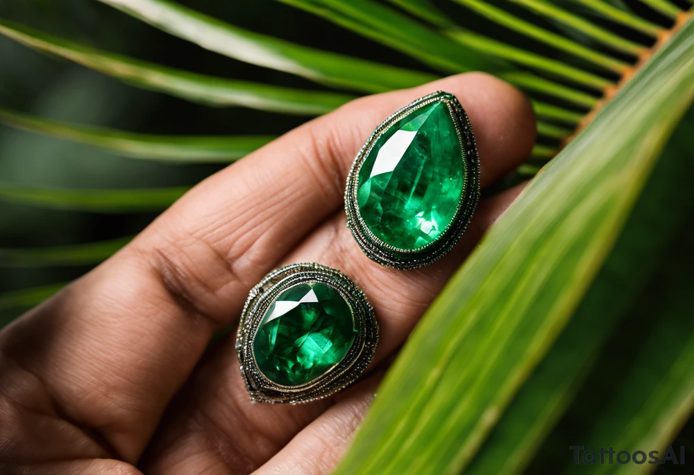 Tattoo: A striking Gachala emerald sits at the base of a tall quindio wax palm, which grows resiliently from cracks in rugged, rocky soil. The emerald is the main focal point, symbolizing strength and endurance, while the wax palm, rooted in the soil’s crevices, represents growth and resilience. A small water stream flows gently from the rocks, adding an element of life and nourishment tattoo idea