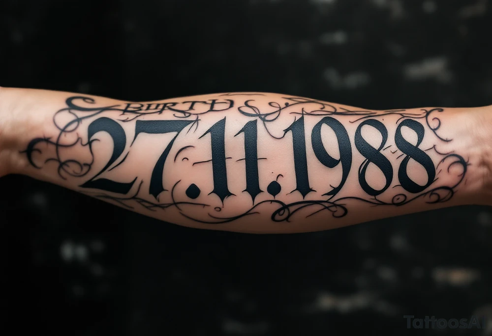 Birth date 27.11.1988 carved in Roman numerals with deep navy blue shadows. tattoo idea