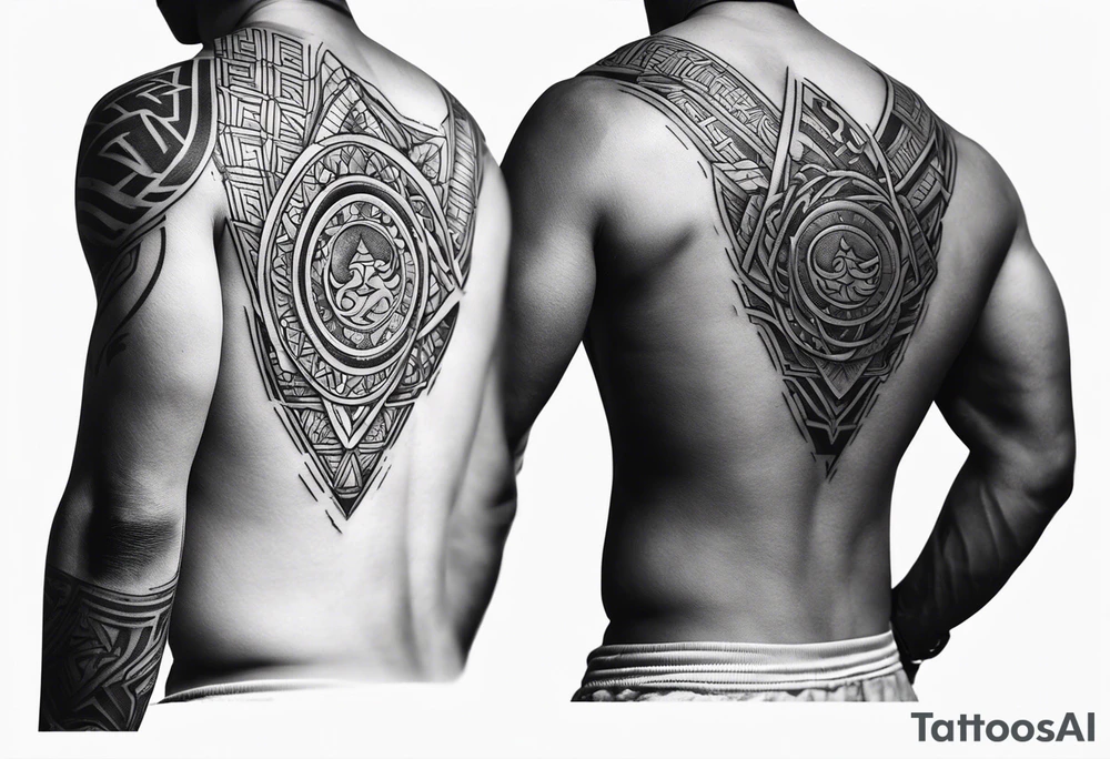 A simple tattoo that is placed on the upper back of a male. It should represent muay thai, discipline, pain and temple tattoo idea