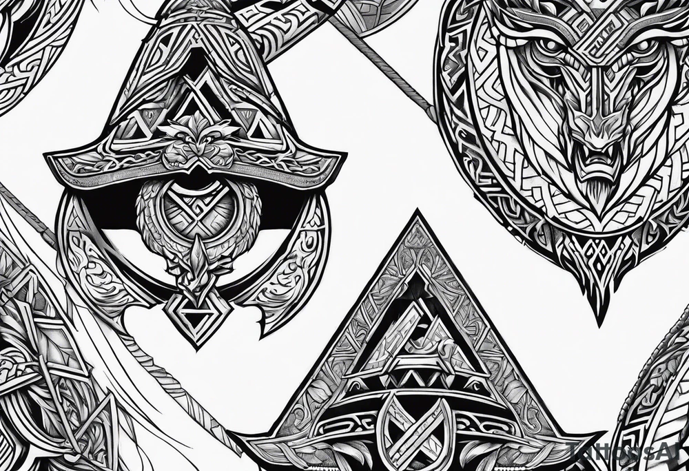 Valhalla sword shield dragon axe Valknut tribal tattoo idea Valhalla sword shield dragon axe Valknut tribal tattoo idea