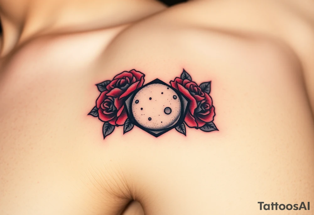 A traditional tattoo-style mole with bold black outlines, and red roses surrounding it for a classic old-school aesthetic tattoo idea