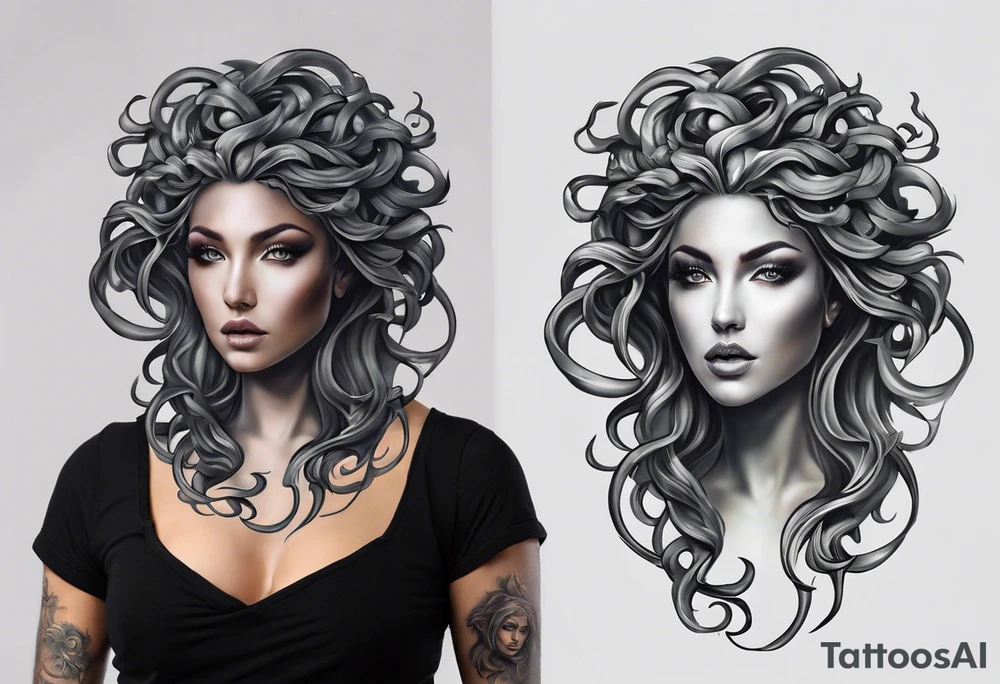 ### Medusa Tattoo Design Concept

**Style:** Realistic with a touch of fantasy.

**Elements:**
1. **Medusa’s Full Body:**
   - **Posture:** Medusa is depicted in a floating, ethereal stance, creating a sense of mystical presence and power.
   - **Eyes:** Her eyes are glowing white, giving her an otherworldly and intense gaze.
   - **Hair:** Green snakes are intricately designed, flowing around her head like a crown. The snakes vary in size and direction to add dynamic movement.
   - **Dress:** She wears a white, sheer dress that flows gracefully, semi-transparent to highlight her form beneath, adding to the ethereal effect.

2. **Additional Details:**
   - **Background:** A subtle, dark gradient or swirling mist to enhance the floating effect and draw focus to Medusa.
   - **Texture and Shading:** Detailed scales on the snakes and delicate folds in the dress, with high contrast shading to highlight the glowing eyes and the sheer nature of the dress.

### Visual Composition:

- **Top Section:** Medusa's head and upper body. The green snakes are prominent, with realistic scales and a vibrant green color. The glowing white eyes are the focal point, drawing immediate attention.
- **Middle Section:** The sheer white dress flows down her body. The dress should have a delicate, almost ghostly appearance, with subtle highlights and shadows to convey the texture and transparency.
- **Bottom Section:** Her lower body and legs, partially visible through the dress, fading into the background mist to enhance the floating illusion. tattoo idea