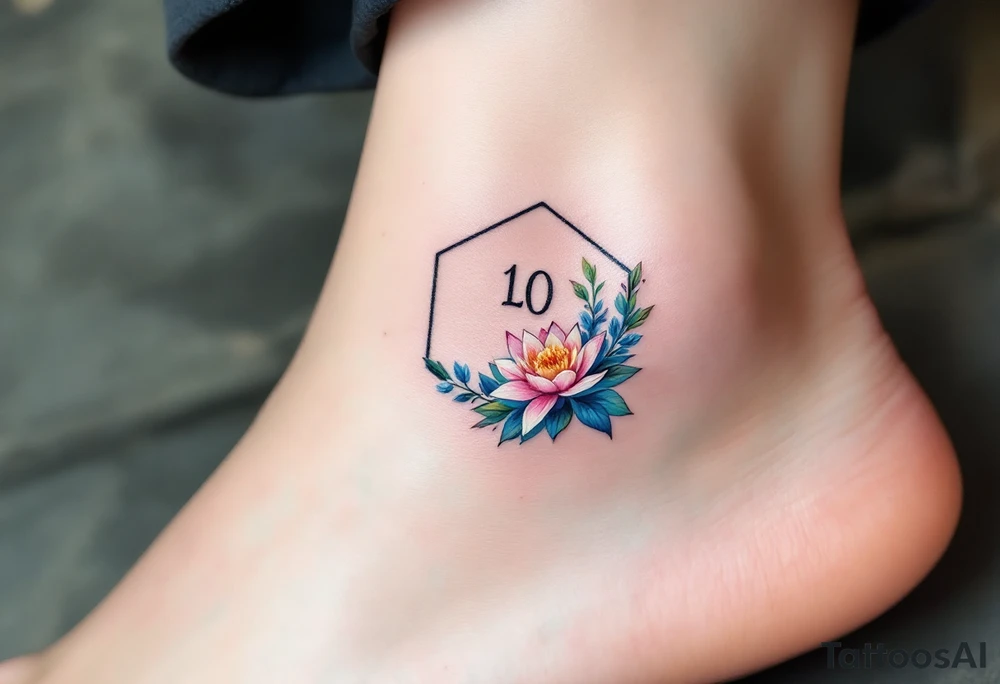 Small Feminine simple Dotted Line hexagon with Leo astrological symbol surrounded by larkspurs and water lilies tattoo idea