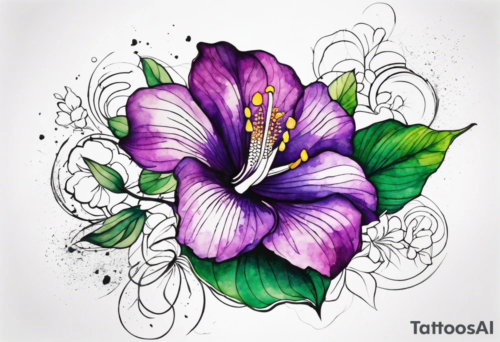 An outline of a rio dipladenia flower with a green and purple watercolor splash in the background tattoo idea