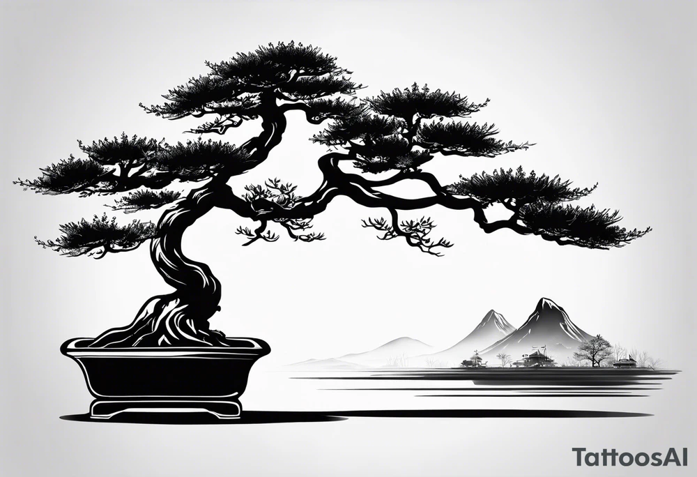Zalazak sunca ispod kojega se nalazi drvo bonsai tattoo idea