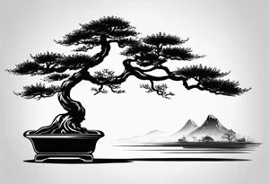 Zalazak sunca ispod kojega se nalazi drvo bonsai tattoo idea