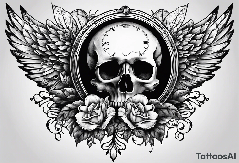 skeleton key wings clock leaves tattoo idea