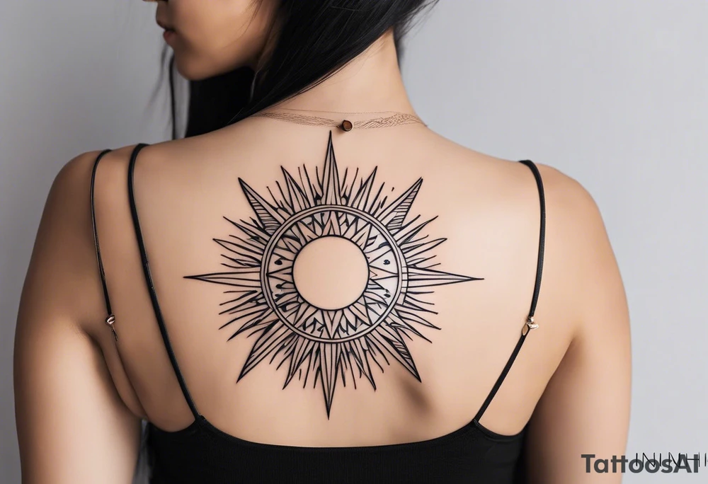 a mixture of minimalist/fine line/tribal tattoo design that is mainly minimalist with fine lines. unique Design of the sun that resembles a connection to the sun. It further resembles the sun's energy. Make it simple to draw and focus on the rays of sunshine
unique shape
simple design tattoo idea
