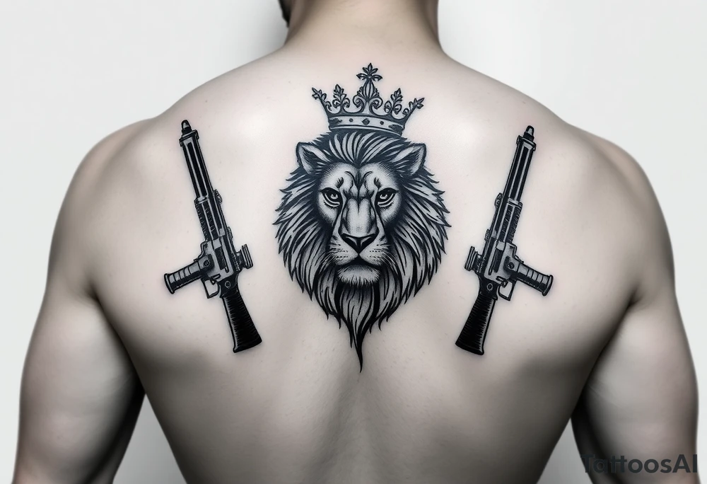 lion with a crown, surrounded guns tattoo idea